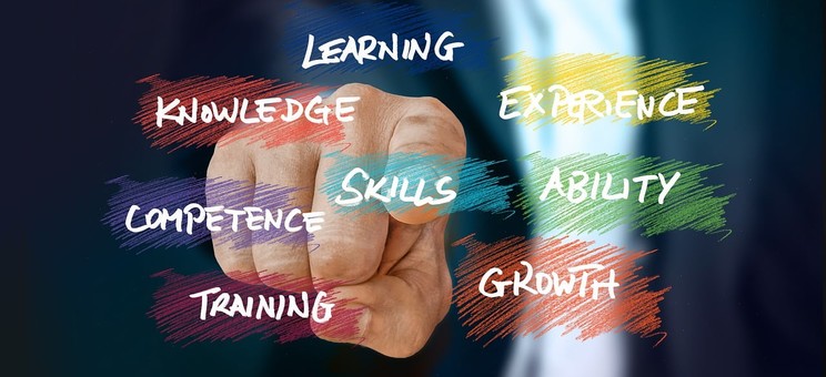 Grafika z nazwami wybranych umiejętności w języku angielskim, źródło pixabay