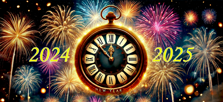 Grafika przedstawia zegar na tle fajerwerków, po bokach liczby 2024 i 2025.