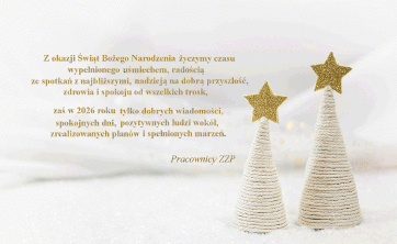 Po prawej stronie dwie choinki, po lewej tekst życzeń (treść dostępna pod grafiką w formie tekstowej), graf. I. Oleniuch na podstawie obrazu pobranego z serwisu pixabay