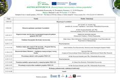 Zdjęcie przedstawia wygląd plakatu z agendą konferencji, którego kopie były rozmieszczone na tablicach informacyjnych uczelni,