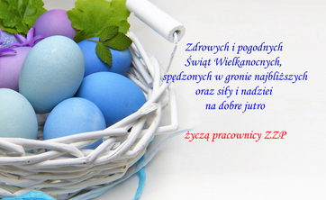 Grafika przedstawia pisanki w koszyczku i po prawej tekst życzeń, graf. I. Oleniuch na podstawie obrazu pobranego z serwisu pixabay