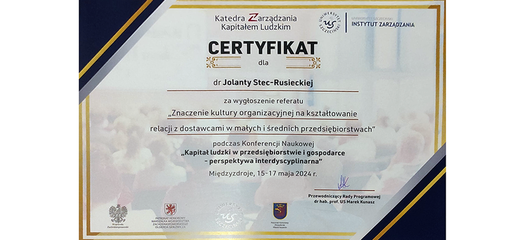 Certyfikat udziału aktywnego w konferencji dla dr J. Stec-Rusieckiej, 