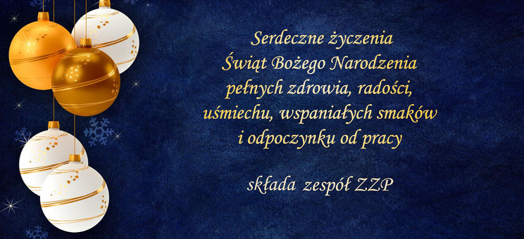 Na grafice z lewej strony pięć bombek choinkowych, z prawej tekst życzeń (treść powtórzona pod grafiką w formie tekstowej), 