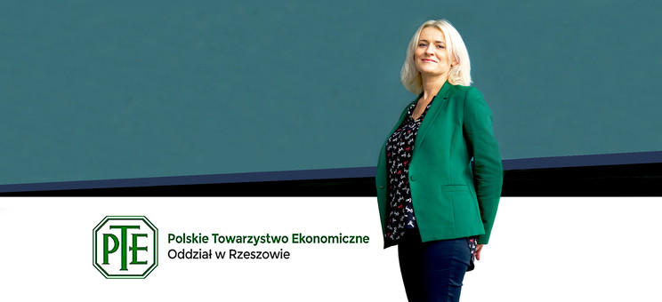 Na grafice z prawej strony dr Jolanta Stec-Rusiecka, wiceprezes odziału rzeszowskiego PTE, z lewej logo PTE,