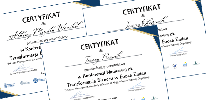 Trzy certyfikaty uczestnictwa w konferencji pracownic ZZP, 