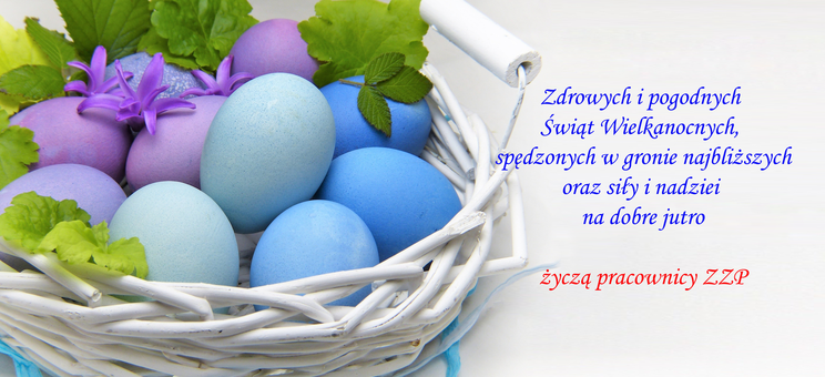 Grafika przedstawia pisanki w koszyczku i po prawej tekst życzeń, graf. I. Oleniuch na podstawie obrazu pobranego z serwisu pixabay