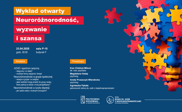 Plakat z informacjami nt. treści i terminu wykładu, graf. na podstawie grafiki udostępnionej przez dział promocji PRz