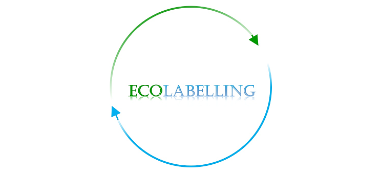 Grafika przedstawia logo projektu - napis ECOLABELLING w okręgu zbudowanym z dwóch strzałek, gdzie każda z nich stanowi półokrąg,