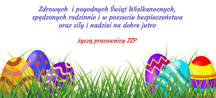 Grafika przedstawia sześć pisanek ułożonych w trawie, nieco wyżej, pomiędzy nimi tekst życzeń (treść dostępna pod grafiką w formie tekstowej),
