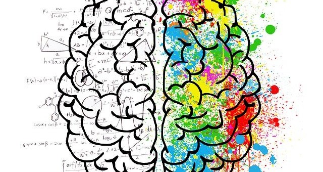 Grafika przedstawia prosty rysunek dwóch półkul mózgu, przy czym tłem dla lewej są liczby, dla prawej zaś abstakcyjne plamy i kleksy,