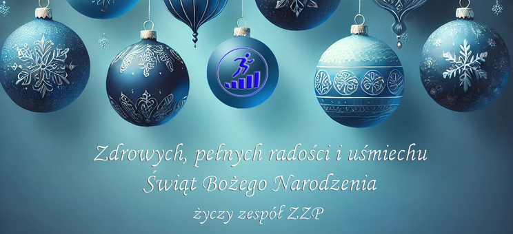 Grafika przedstawia wiszące bombki choinkowe, pod nimi tekst życzeń (treść dostępna pod grafiką w formie tekstowej), 